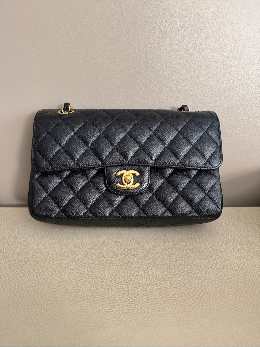 CHANEL Black Quilted Shoulder Bag with Gold CC Lock